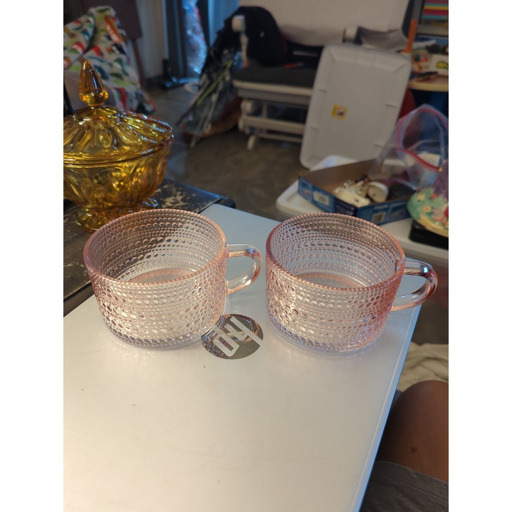 Cupcakes and Cashmere At Home Pink Embossed Glass Mug Set - Set Of 2 Mugs 15 oz.
